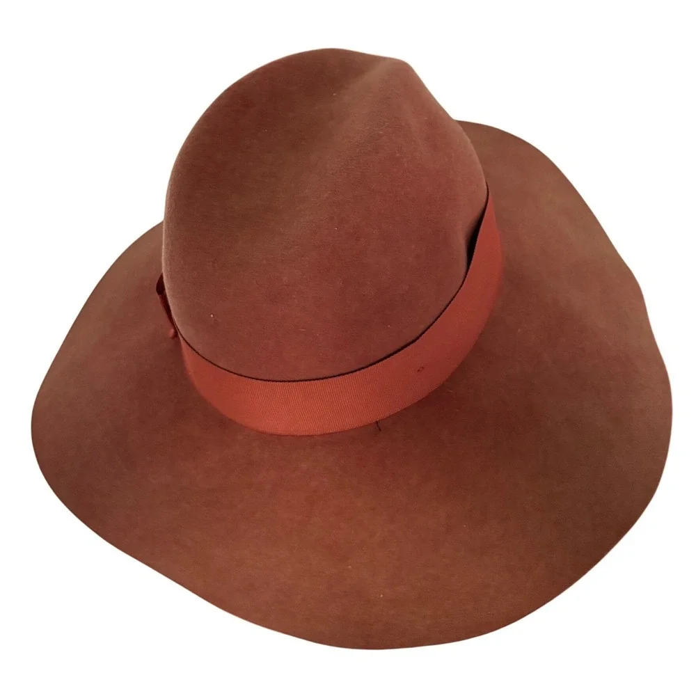 Brixton Wide Brim Wool Felt Fedora Hat Rust Burnt Orange Boho Size Small 56cm